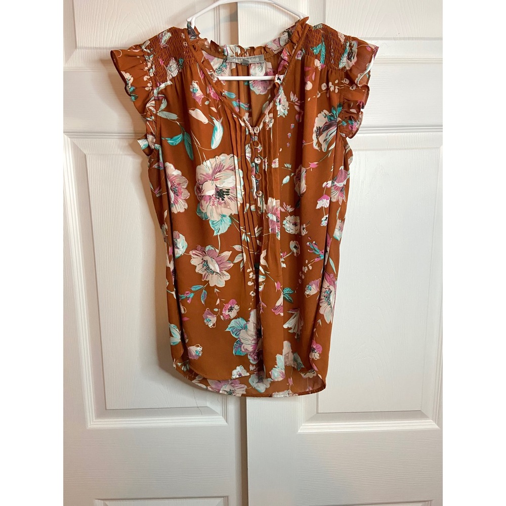 Daniel Rainn Floral Flutter Sleeve Blouse Rust Orange Pink Smocked Top Small